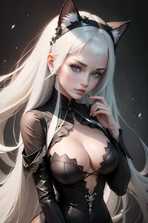 blacksilk，Royal sister，White cat headband，Seductive eyes，Single photo，Three-dimensional，with a well-proportioned body，Silver shawl hair，Half bite your index finger，8k，the detail