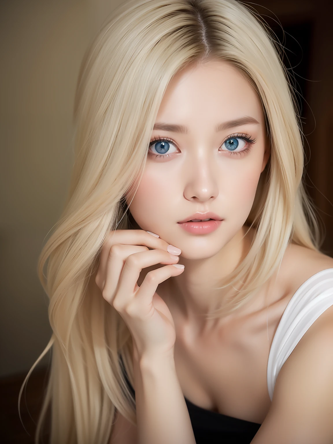 A woman of beauty in a fantastic space, Tight micro dress white and gold color, 98k, {{Masterpiece}}, Best quality, High quality:1.4), onbed，{{[[front look}}, eye_contact, a variety of poses)]], very pretty look face, and very pretty eyes, cute images, cute images, {{A half body}}, {{{{{{{{Long legs}}}}}}}}, {{{{slim sexy body}}}}, {{{{{{Tall woman}}}}}}, {{177 cm tall}}, Solo, Beautiful, Lovely, Adorable, Pale skin, {{18to 22 years old German girl}}, look beautiful German girl and blue eyes or green eyes with platinum blonde hair color), Nordic German young girl, {{{{{{{{{{half girl}}}}}}}}}}, {{{{{{{{{{High_Heels}}}}}}}}}},