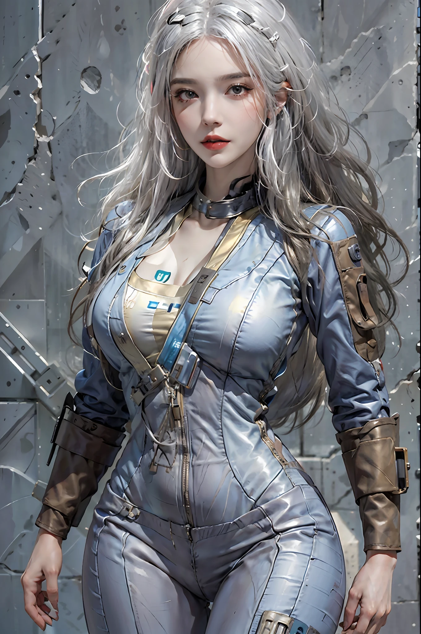 photorealistic, high resolution, 1women, solo, hips up, look at viewer, (detailed face), white hair, long hair, vaultsuit pipboy3000, blue suit