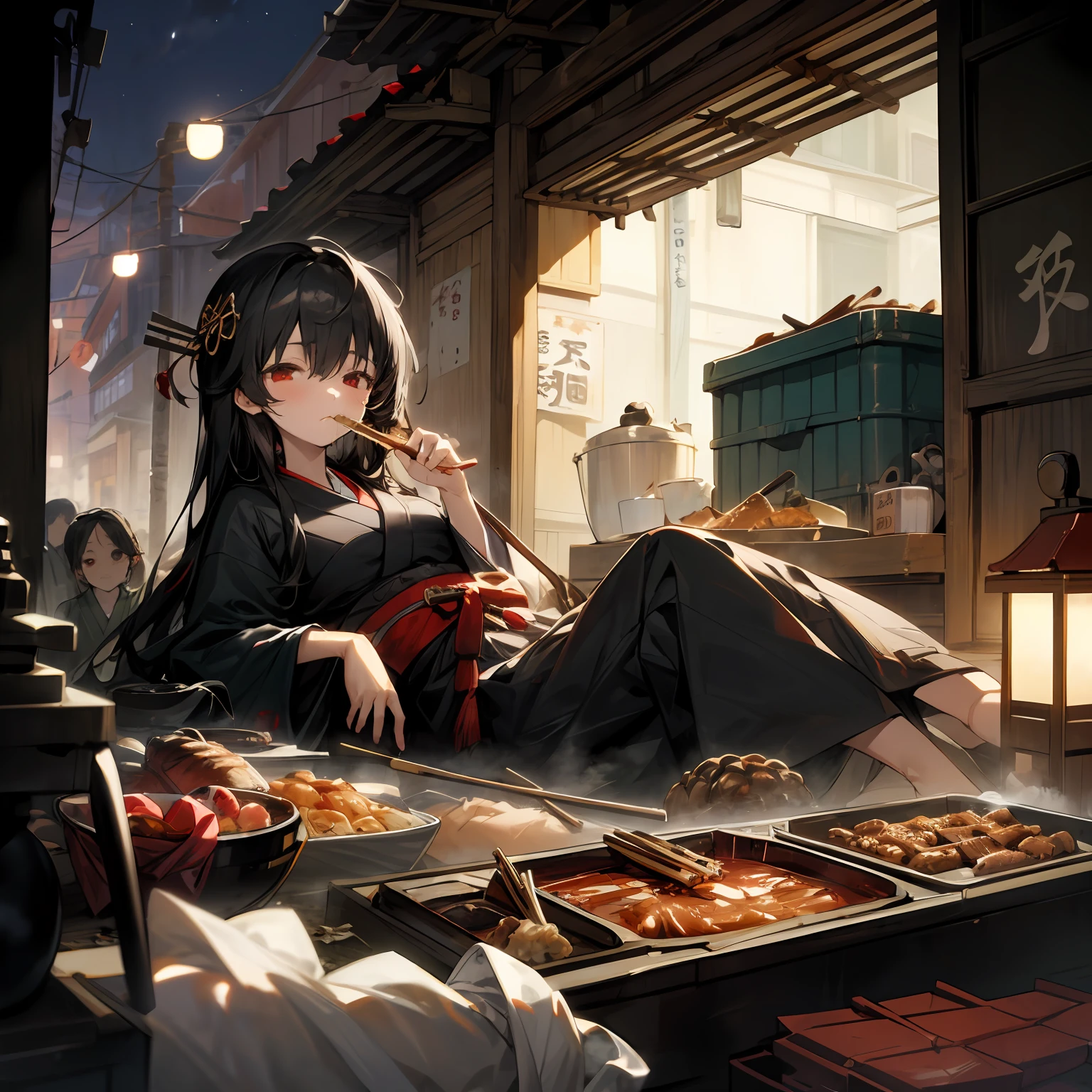 (masterpiece, best quality),(night,trash,junk:1.3),(alley in Japan,casserole),1girl,eating,messy,empty can,black hair,long hair,messy hair,red eyes,black clothes,japanese clothes,crate,skewer,tokkuri,sukiyaki,oden,small breasts,lie down on the ground,expressionless,ceiling