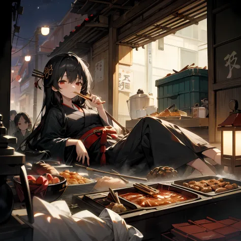 (masterpiece, best quality),(night,trash,junk:1.3),(alley in Japan,casserole),1girl,eating,messy,empty can,black hair,long hair,...