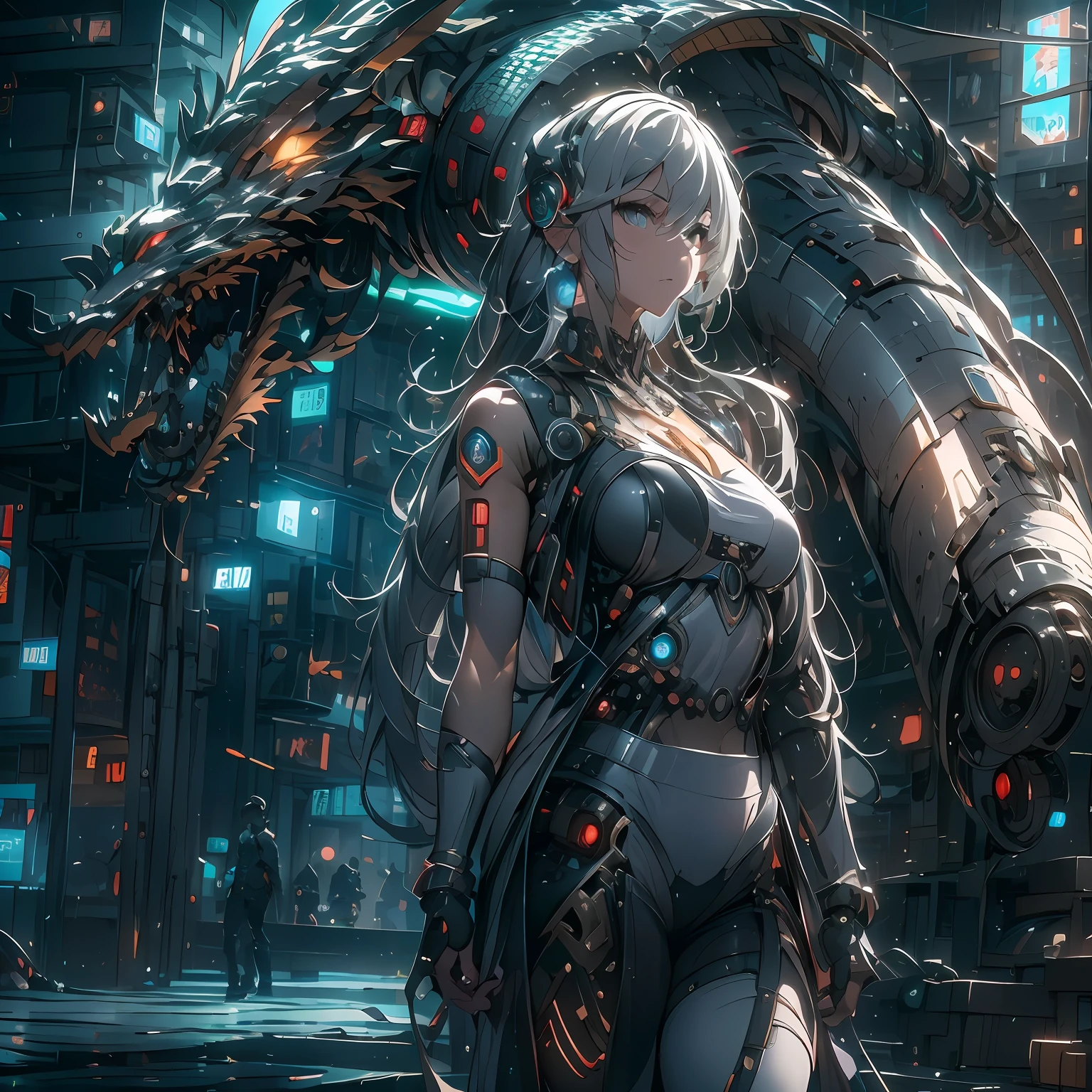 （（A futuristic））， （（mito））， （（fanciful）），Machinary，1girll， Cyberpunk urban environment， gray-haired girl，Avant-garde clothing， （Surrounded by mechanical Asian dragons：1.5）， Mechanical dragon，（neonlight：1.2）， （cybernetically enhanced：1.1）， （Fine dragon scales：1.1）， （action-packed scene：1.2）， （cinematic compositions：1.1）， Mixed media artwork， 8K分辨率，best qualtiy，lightand shade contrast，Unreal 5，