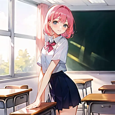 （Beautiful Girl 1.2），（Wear a short skirt school uniform 1.1），（Pink hair1.2），（masterpiece1.2），（High image quality1.2），（Stand in classroom 1.1）