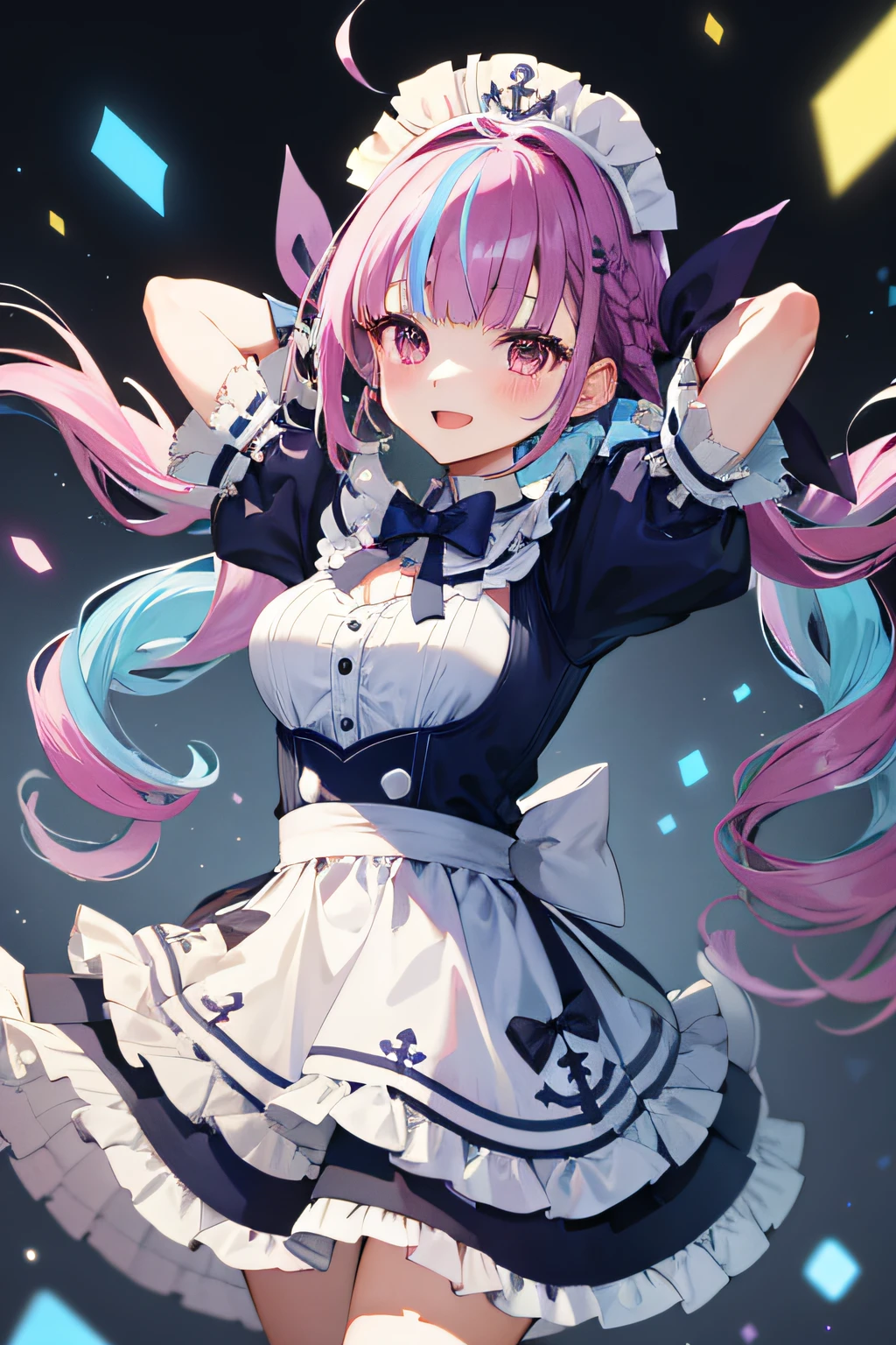 ​masterpiece、top-quality、女の子1人、Virtual Youtuber、Minato Aqua、long、multi color hair、doress、Twin-tailed、Maid headdress、Color Inner Hair、Purple Eye、Anchor Symbol、blue hairs、bow ribbon、Two-tone hair、shortsleeves、Braids、Blue Dress、Wrist cuffs、bow ribbon、bangss、Drill Hair、twin drills、Puffy Short Sleeves、Hair Ribbon、Purple hair、Puffy Sleeve、Ahoge、Ankle Cuffs、Dress Ribbon、Maids、frilld、manicure、striated hair、white bow、Cowboy Shots,Smile,Opening Mouth,Inside the mansion,arms folded