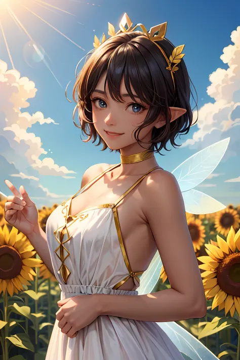 (Face Focus)、(1womanl、独奏、Tanned dark skin、a cool)、(short-haired、Brown hair、Blue eyes、a smile)、Sunflower Fairy、The costume、fairy ...