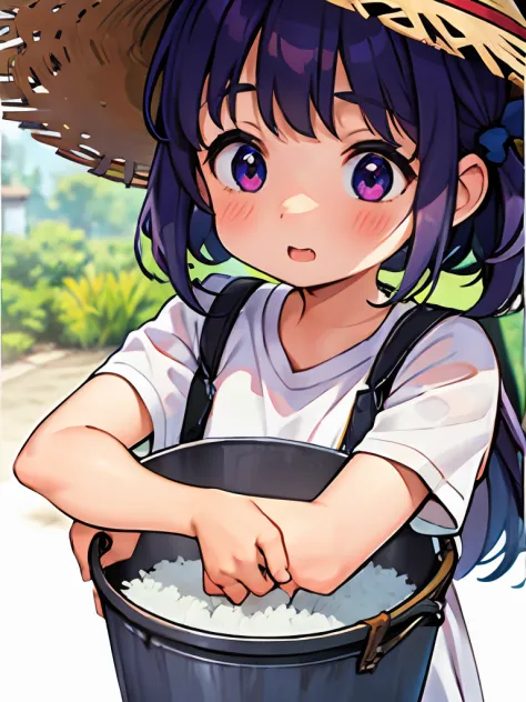 A cute little girl with a toot face，Hold a bucket in both hands，The bucket was filled with rice，Rice in a drooling bucket