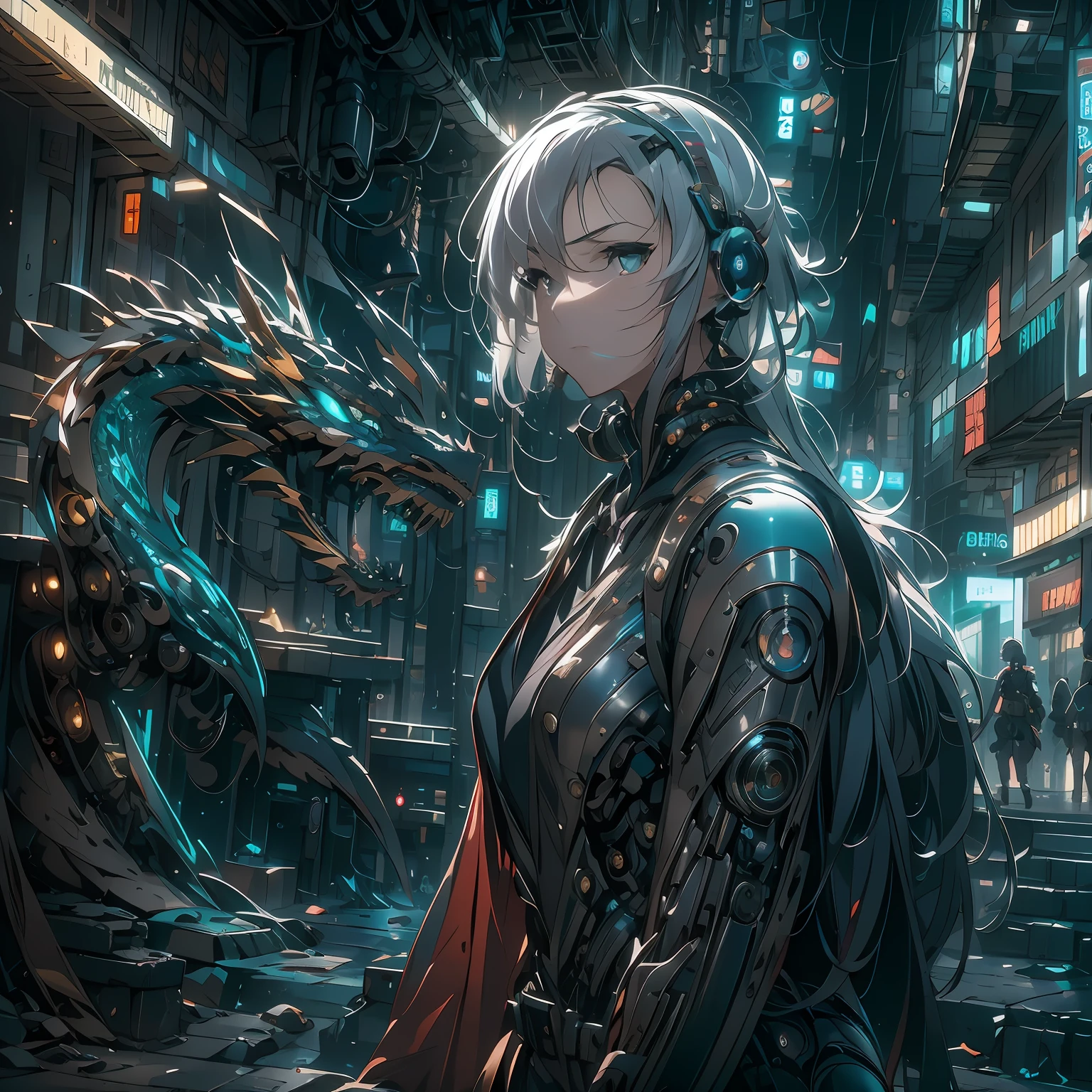 （（A futuristic））， （（mito））， （（fanciful）），Machinary，1girll， Cyberpunk urban environment， gray-haired girl，Avant-garde clothing， （Surrounded by mechanical Asian dragons：1.5）， Mechanical dragon，（neonlight：1.2）， （cybernetically enhanced：1.1）， （Fine dragon scales：1.1）， （action-packed scene：1.2）， （cinematic compositions：1.1）， Mixed media artwork， 8K分辨率，best qualtiy，lightand shade contrast，Unreal 5，