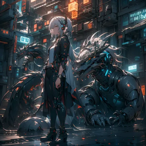 （（a futuristic））， （（mito））， （（fanciful）），machinary，1girll， cyberpunk urban environment， gray-haired girl，avant-garde clothing， （...