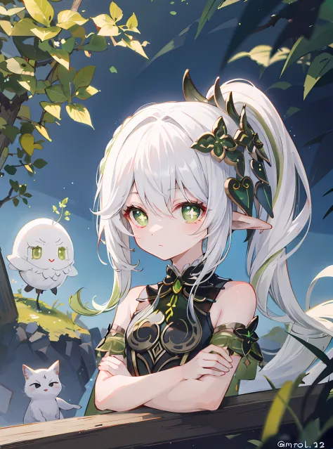 Nahida_Genshin,(White hair),cross-shaped pupils,default_dress,Green cape,