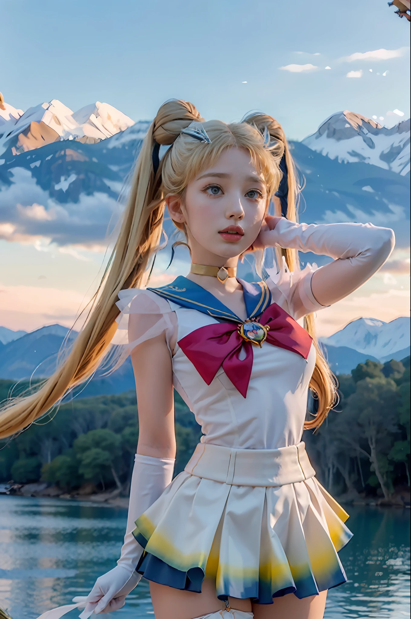(8k, RAW photo, best quality, masterpiece:1.2), (ultra highres:1.0), detailed illustration, detailed, (realistic, photo-realistic:1.37), detailed beautiful skin, sailor moon, (1 girl: 1.2),(full body:1.2),(hand of Guido Daniele:1.2), slim body, cute, happy, long hair, long leg, cleavage,blue skirt,red bow,blue eyes,blond hair,twin tails,hair bun,hair ornament,blue sailor collar, red choker, red boots, high heels, sailor senshi uniform, white gloves,tiara,elbow gloves,pleated skirt,knee boots blue sky, beautiful sky, (scenery), lake, falling petals, falling leaves, cowboy shot, ahegao face