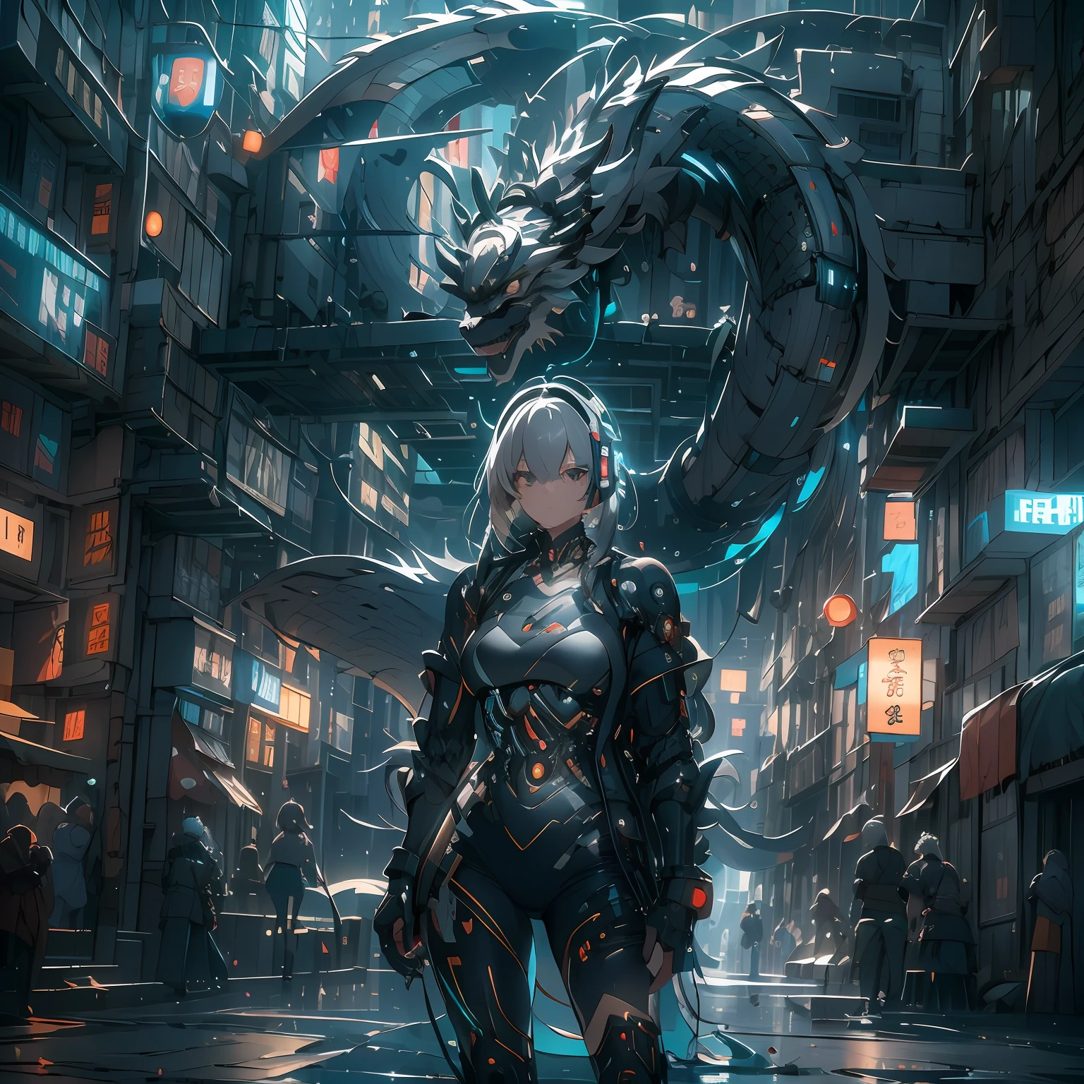 （（A futuristic））， （（mito））， （（fanciful）），Machinary，1girll， Cyberpunk urban environment， gray-haired girl，Avant-garde clothing， （There is a mechanical Asian dragon on the head：1.5）， （neonlight：1.2）， （cybernetically enhanced：1.1）， （Fine dragon scales：1.1）， （action-packed scene：1.2）， （cinematic compositions：1.1）， Mixed media artwork， 8K分辨率，best qualtiy，lightand shade contrast，Unreal 5，