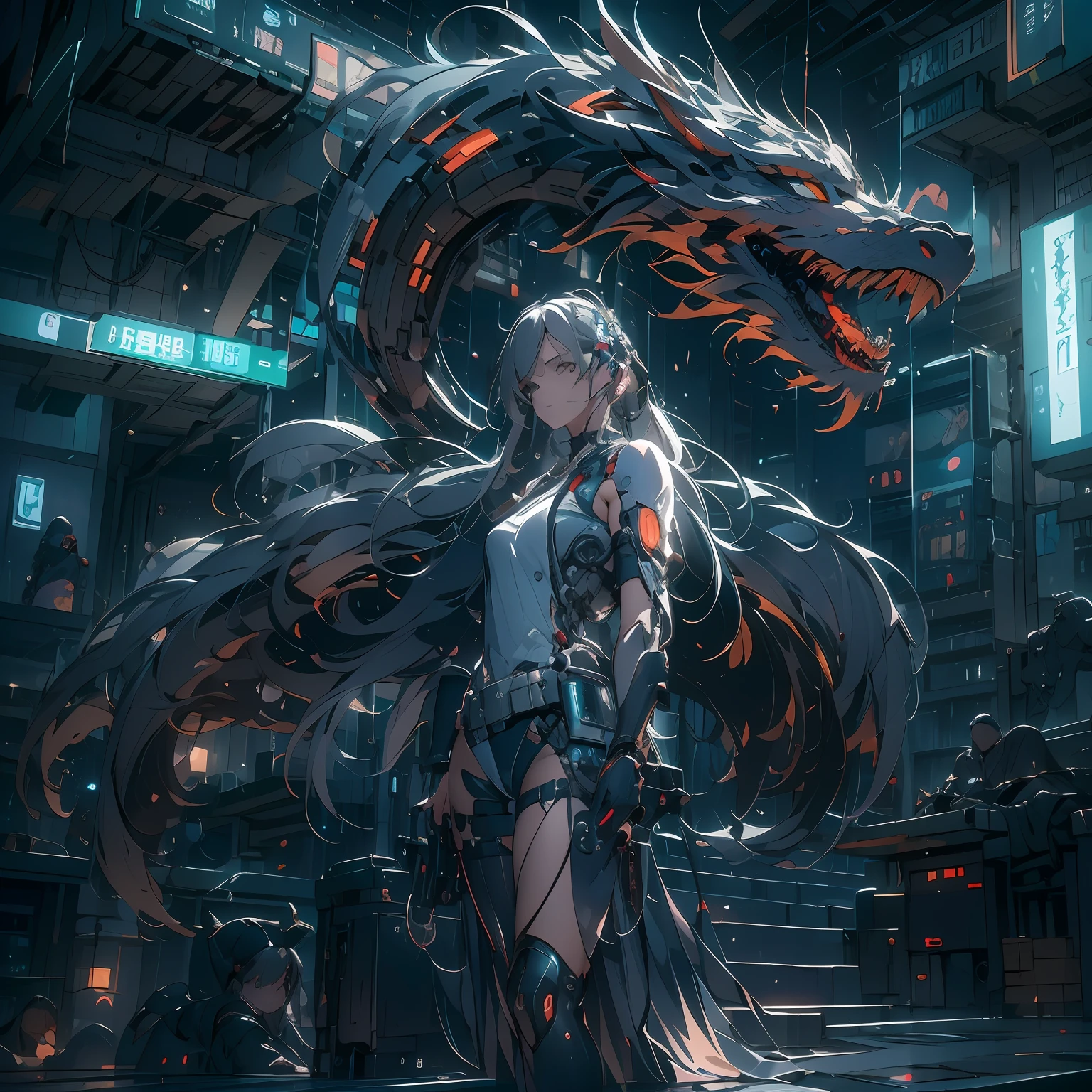 （（A futuristic））， （（myth））， （（fanciful）），Machinary，1girll， Cyberpunk urban environment， gray-haired girl，Avant-garde clothing， （There is a mechanical Asian dragon on the head：1.5）， （neonlight：1.2）， （cybernetically enhanced：1.1）， （Fine dragon scales：1.1）， （action-packed scene：1.2）， （cinematic compositions：1.1）， Mixed media artwork， 8K resolution，best qualtiy，lightand shade contrast，Unreal 5，