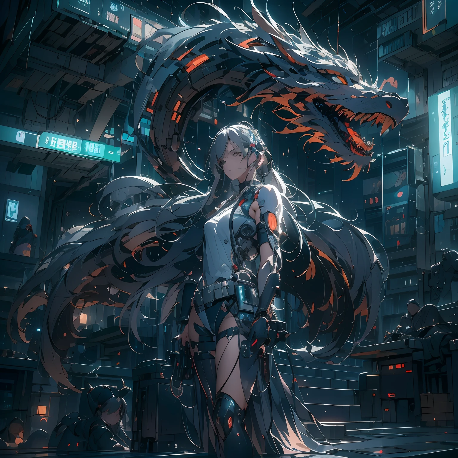 （（Un futuriste））， （（Mythe））， （（fantaisiste）），Machinerie，1fille， environnement urbain cyberpunk， fille aux cheveux gris，Des vêtements avant-gardistes， （Il y a un dragon asiatique mécanique sur la tête：1.5）， （néon：1.2）， （amélioré cybernétiquement：1.1）， （Fines écailles de dragon：1.1）， （scène pleine d&#39;action：1.2）， （compositions cinématographiques：1.1）， oeuvre d&#39;art en techniques mixtes， Résolution 8K，meilleure qualité，contraste d&#39;ombre et de lumière，Irréel 5，