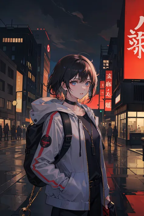 1girll，jaket，Sateen，exteriors，hoody，Open jacket，chain，backpacks，Look at the other person，messy  hair，Trends on ArtStation，8K分辨率，The is very detailed，anatomically correcte，Sharp images，digitial painting，concept-art，Trends on pixiv，Estilo de Makoto Shinkai，A...