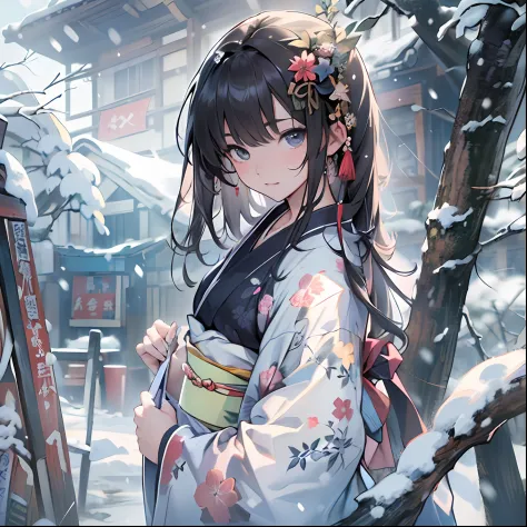 (top-quality、8k、32k、​masterpiece、UHD:1.3)、(Attractive Japanese Woman Pictures)、Girl Walking On Snowy Field、Yukata、A dark-haired、Black eye、A look of bewilderment