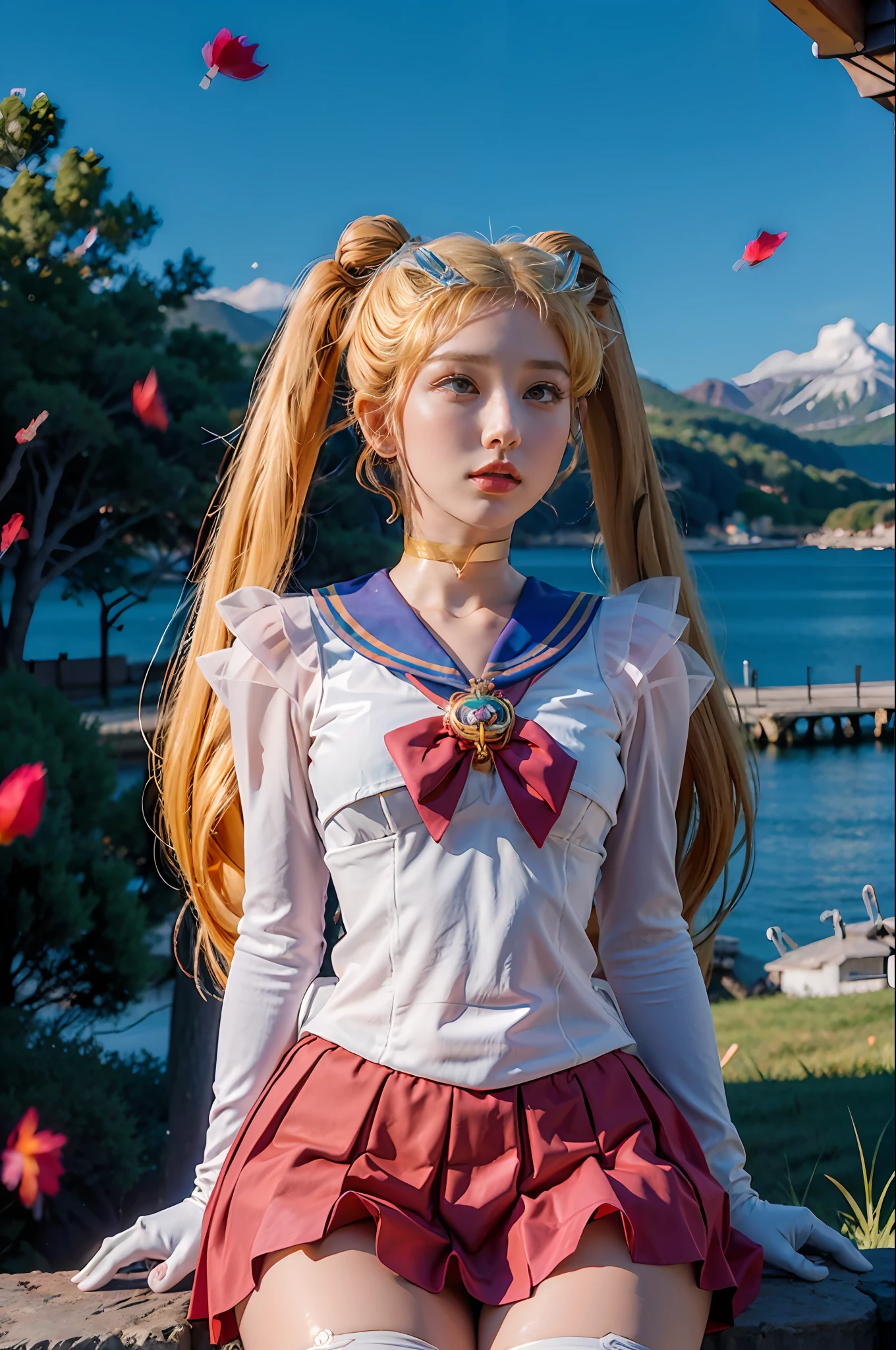 (8k, RAW photo, best quality, masterpiece:1.2), (ultra highres:1.0), detailed illustration, detailed, (realistic, photo-realistic:1.37), detailed beautiful skin, sailor moon, (1 girl: 1.2),(full body:1.2),(hand of Guido Daniele:1.2), slim body, cute, happy, long hair, long leg, cleavage,blue skirt,red bow,blue eyes,blond hair,twin tails,hair bun,hair ornament,blue sailor collar, red choker, red boots, high heels, sailor senshi uniform, white gloves,tiara,elbow gloves,pleated skirt,knee boots blue sky, beautiful sky, (scenery), lake, falling petals, falling leaves, cowboy shot, (ahegao face:1.2)