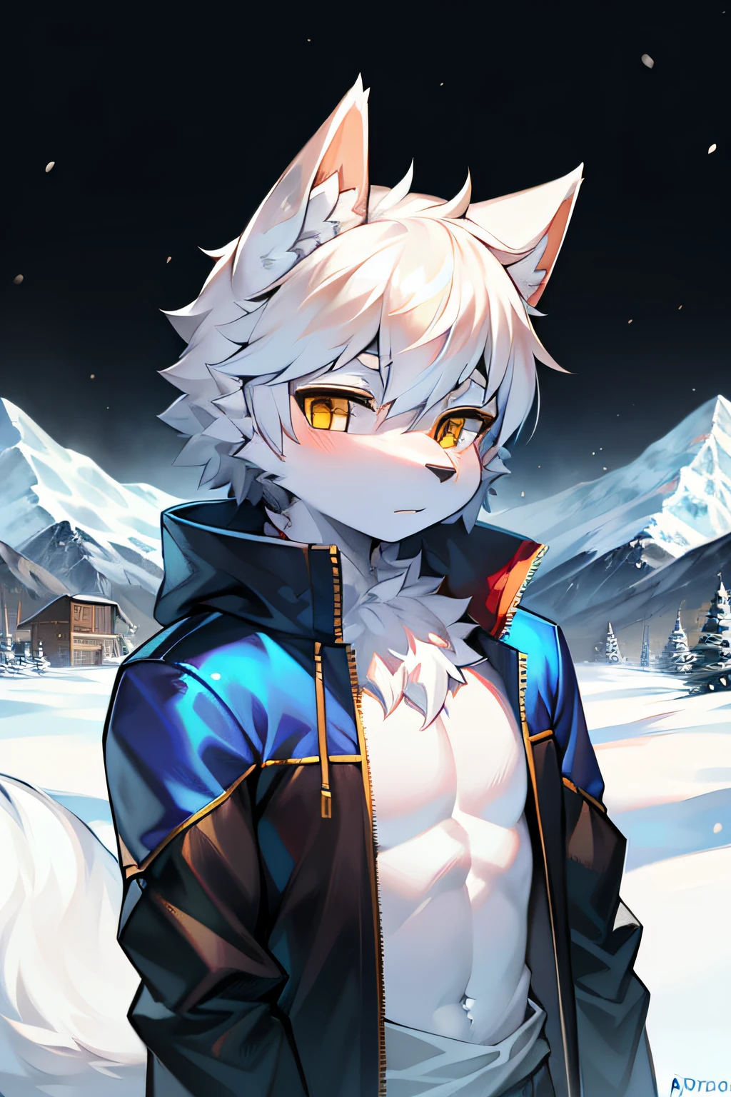 Snowy mountains Snow，full bodyesbian,Young Wolf,人物,tmasterpiece，Blue down jacket,Furry tail,Highest image quality,8K,Full HD background，Cartoony，adolable，komono，male people，a plush，Furry，White fur，White body，White ears，Orange-yellow eyes，solo person, Wolf tail, Wolf ears, ((half-body portrait)),Soft lines，Soft lines of clothing