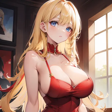one woman, long blonde hair, with bangs, long red dress, red lips, blue eyes, big breasts, detailed body, well-defined body, sexy body, well-detailed face, high quality, masterpieces, 4k
