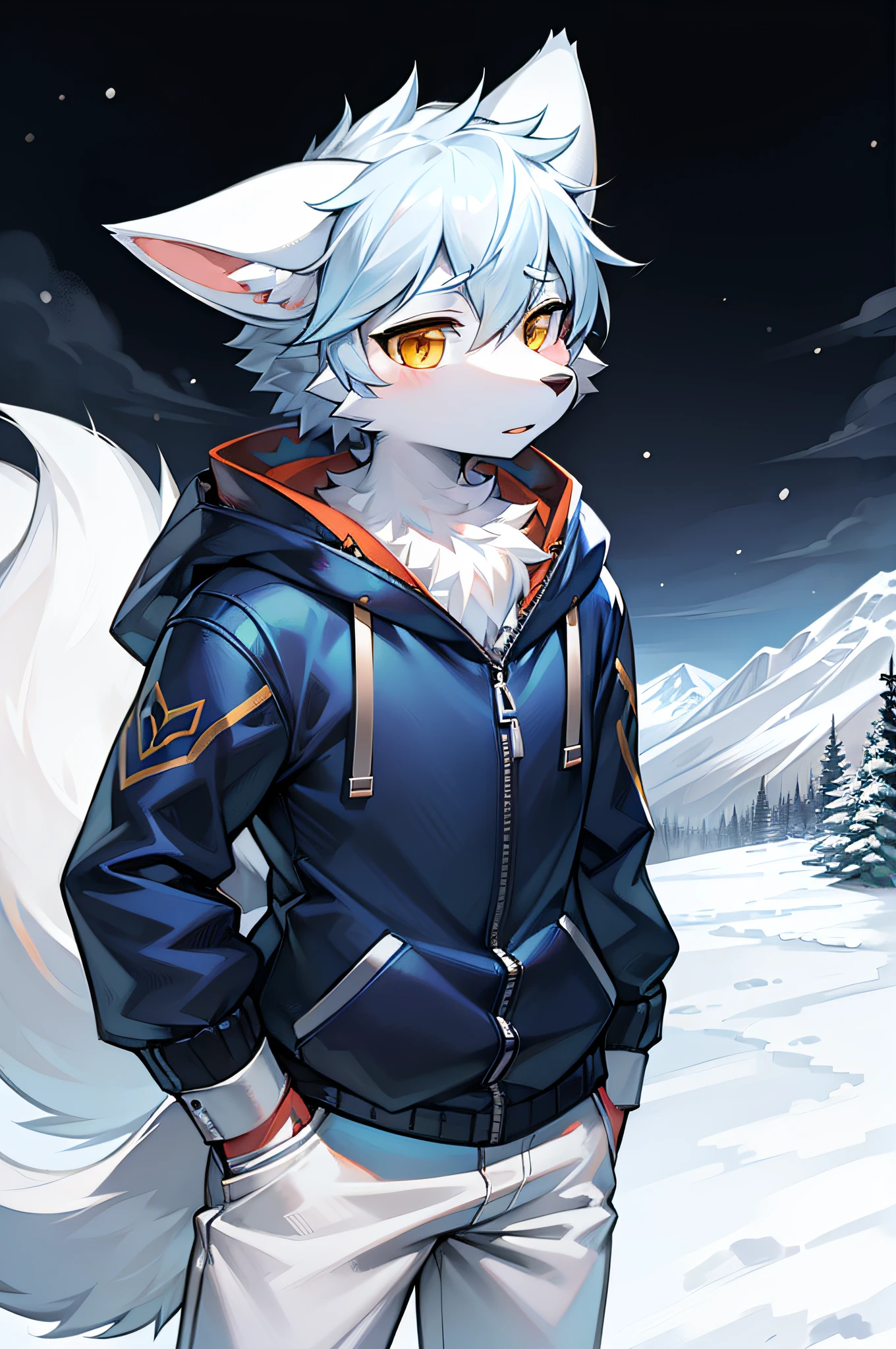 Snowy mountains Snow，full bodyesbian,Young Wolf,人物,tmasterpiece，Blue down jacket,Furry tail,Highest image quality,8K,Full HD background，Cartoony，adolable，komono，male people，a plush，Furry，White fur，White body，White ears，Orange-yellow eyes，solo person, Wolf tail, Wolf ears, ((half-body portrait)),Soft lines，Soft lines of clothing