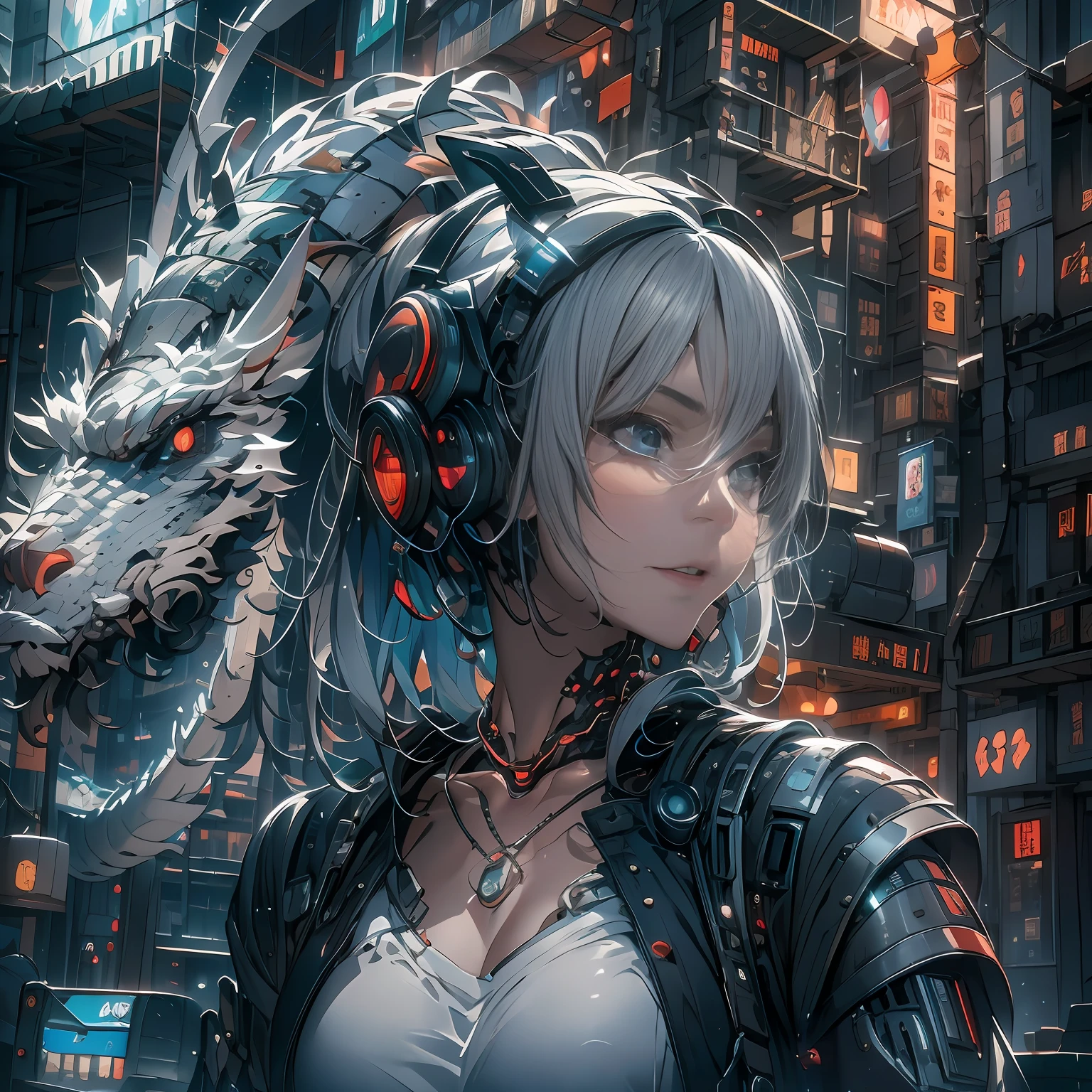 （（A futuristic））， （（mito））， （（fanciful）），Machinary，1girll， Cyberpunk urban environment， gray-haired girl，Avant-garde clothing， （There is a mechanical Asian dragon on its head：1.5）， （neonlight：1.2）， （cybernetically enhanced：1.1）， （Fine dragon scales：1.1）， （action-packed scene：1.2）， （cinematic compositions：1.1）， Mixed media artwork， 8K分辨率，best qualtiy，lightand shade contrast，Unreal 5，