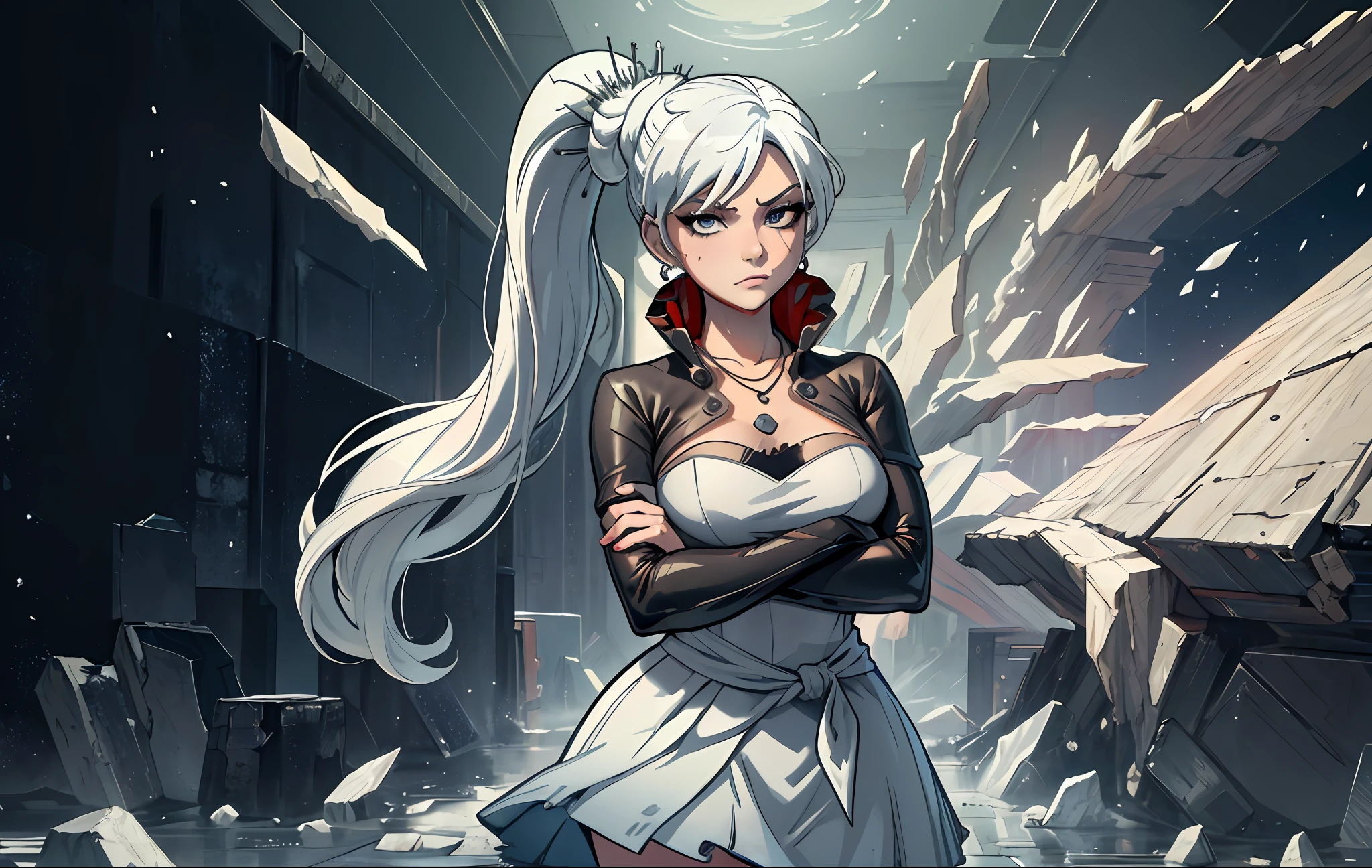 (Masterpiece, Best Quality:1.2), Cowboy shot, solo, 1girl, white colored hair, Vaisvale, Offended, closed mouth, looking a viewer, crossed arms, pony tail, scar across eye, whitedress, Jewelry, necklace, earings, Huge-breasts, convex areolas, upper-body, Spacer frame, erotica, steam, (Shards of ice, sex), glistering, Generally chubby, bitchy, High Commercial Industry, Slap on the face, wet, red hand mark