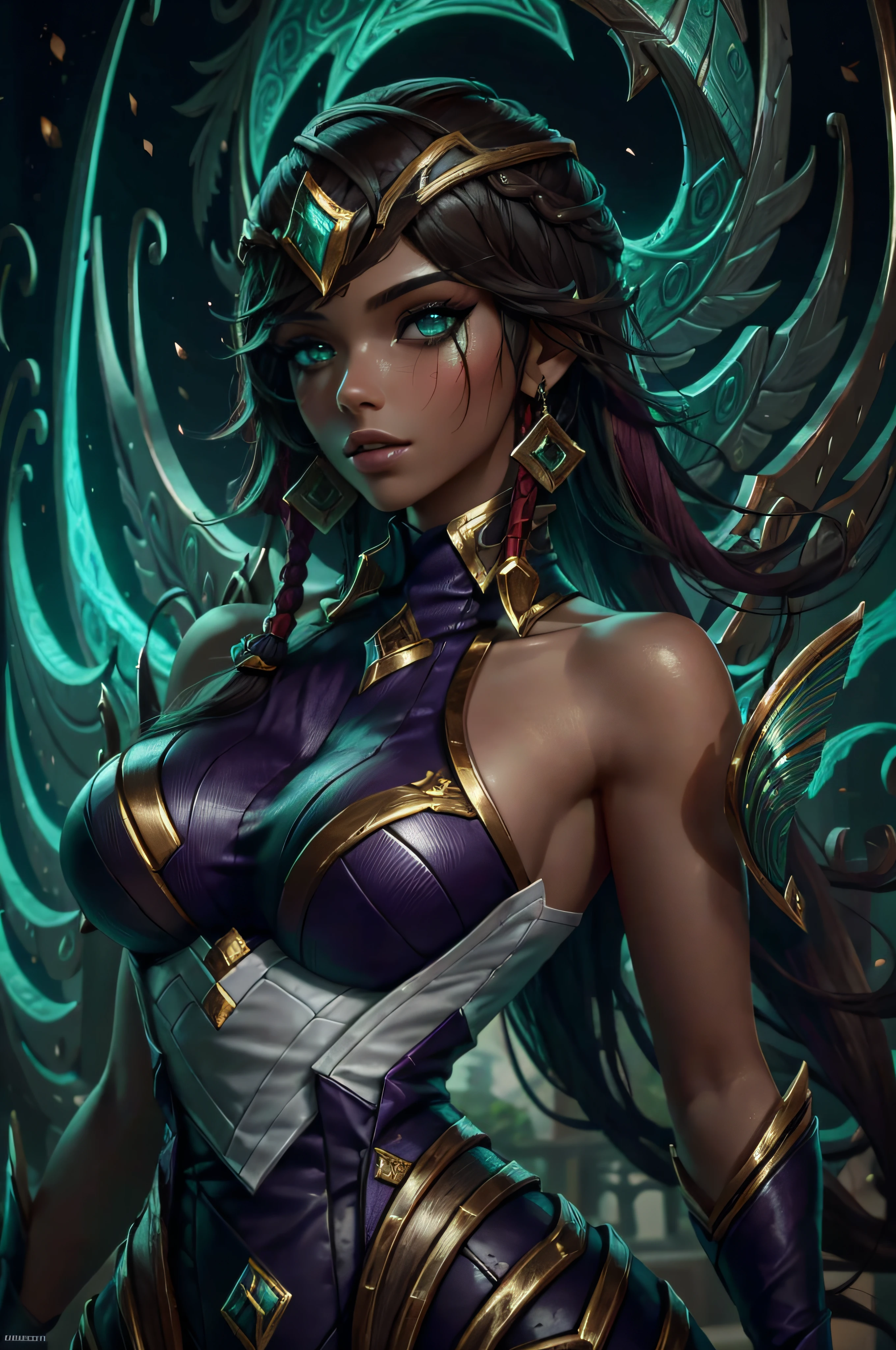 ultra realistic, ((gorgeous)),  league of legends, highres, 1girl, ultra-detailed, (beautiful detailed face and eyes and hair:1.1), masterpiece, perfect face, beautiful face,  textured skin, beautiful detailed face, sensual, beautiful eyes, masterpiece, intricate details, 1girl, looking at viewer ,solo, seductive, erotic, Extremely beautiful, large breast, pretty woman, beautiful woman, half body, perfect,  kaerma, (sexy pose:1.2),  hair ornament,  looking at viewer, green eyes,