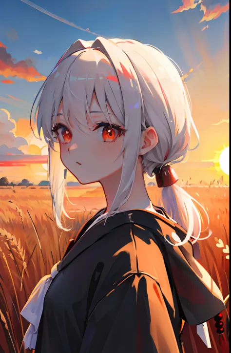Masterpiece, Best quality, 1girll, Portrait, White hair, pony tails, Red eyes, Samurai, Wheat landscape, Sun, Clouds, (com cores...