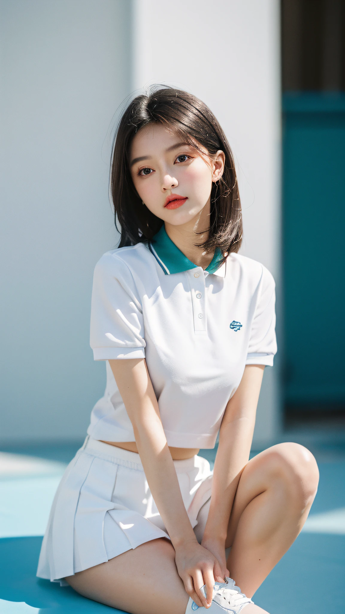 1girll, 独奏, White polo shirt, White sneakers, tennis wear, white mini-skirt, tmasterpiece, Best quality at best, realisticlying, ultra - detailed, (shiny skins, perspired:1.4), looking at viewert, with short black hair, with brown eye,slenderness,Dynamic light and shadow,A high resolution,Sharp focus,depth of fields,The eyes are delicate,Sharp pupils,pupil realistic,smallunderboob，(Thigh thick:1.0),exteriors,Skysky