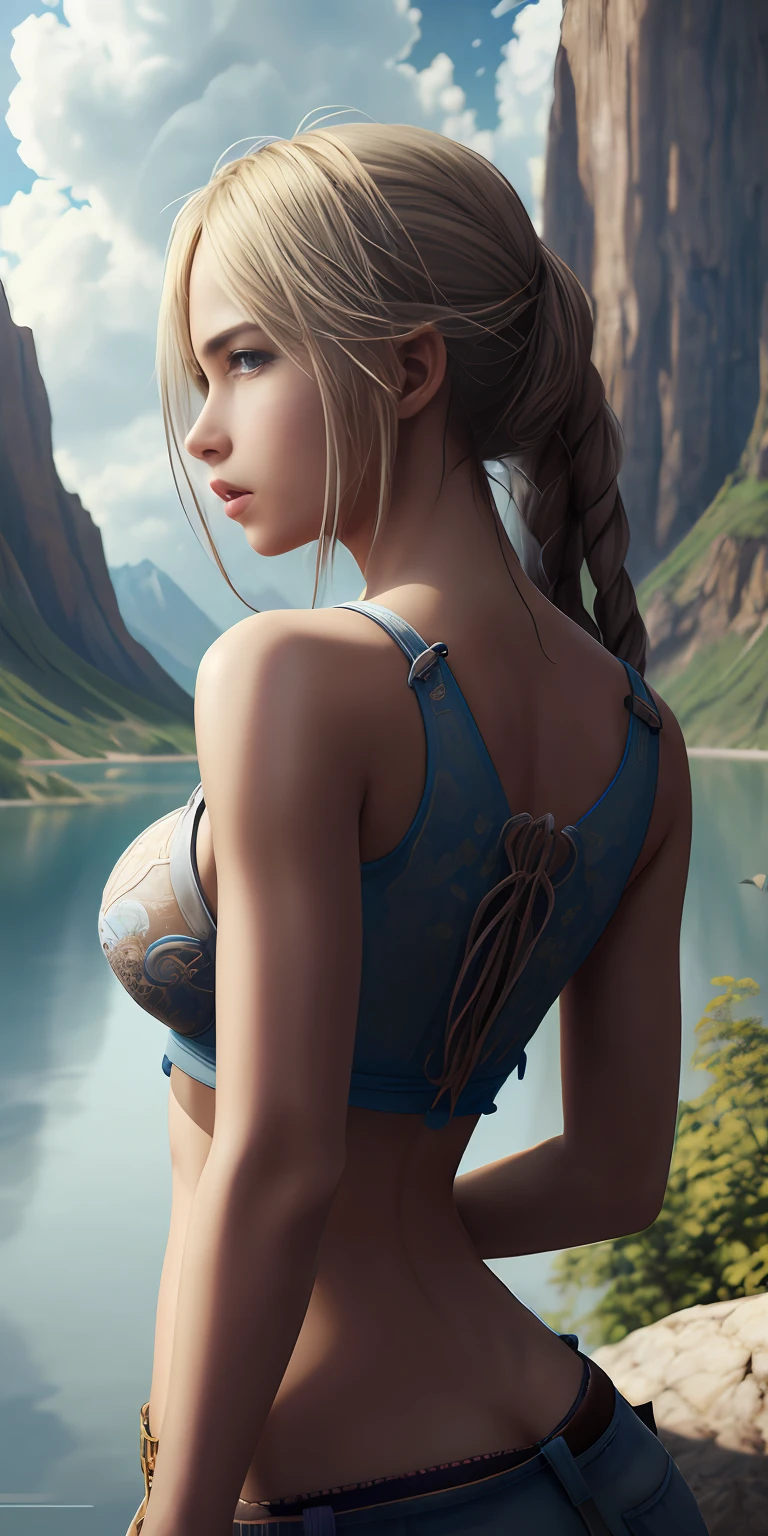 masterpiece, best quality, high quality, extremely detailed CG unity 8k wallpaper, girl standing in front of a scenery, outdoors, sky, cloud, day, fit girl, lean girl, mountain, landscape, water, tree, blue sky, waterfall, cliff, nature, lake, river, cloudy sky,award winning photography, Bokeh, Depth of Field, HDR, bloom, Chromatic Aberration ,Photorealistic,extremely detailed, trending on artstation, trending on CGsociety, Intricate, High Detail, dramatic, art by midjourney