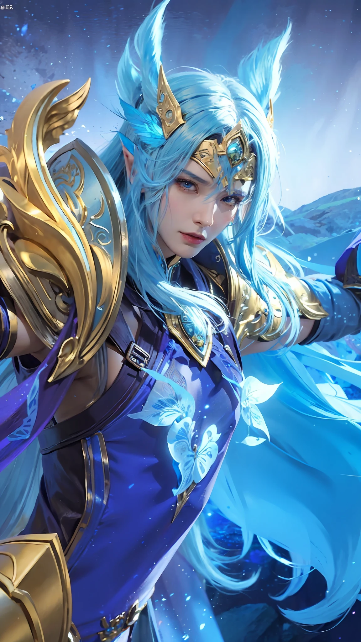 a close up of a person with blue hair and a blue wig, zhao yun, beautiful male elf, heise jinyao, unreal engine render saint seiya, a male elf, 8k highly detailed face, elven male, elven character with smirk, 4 k detail fantasy, black alice, blue elf, xianxia fantasy, xianxia hero