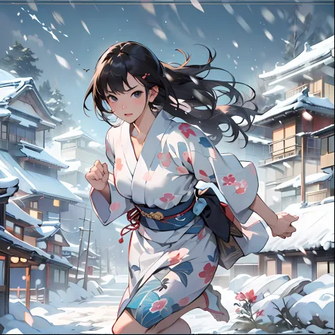 (top-quality、8K、32K、​masterpiece、nffsw:1.3)、(Attractive Japanese Woman Pictures)、Girl running on a snowy field、White Yukata、A dark-haired、Black eye、A look of bewilderment、bob cuts