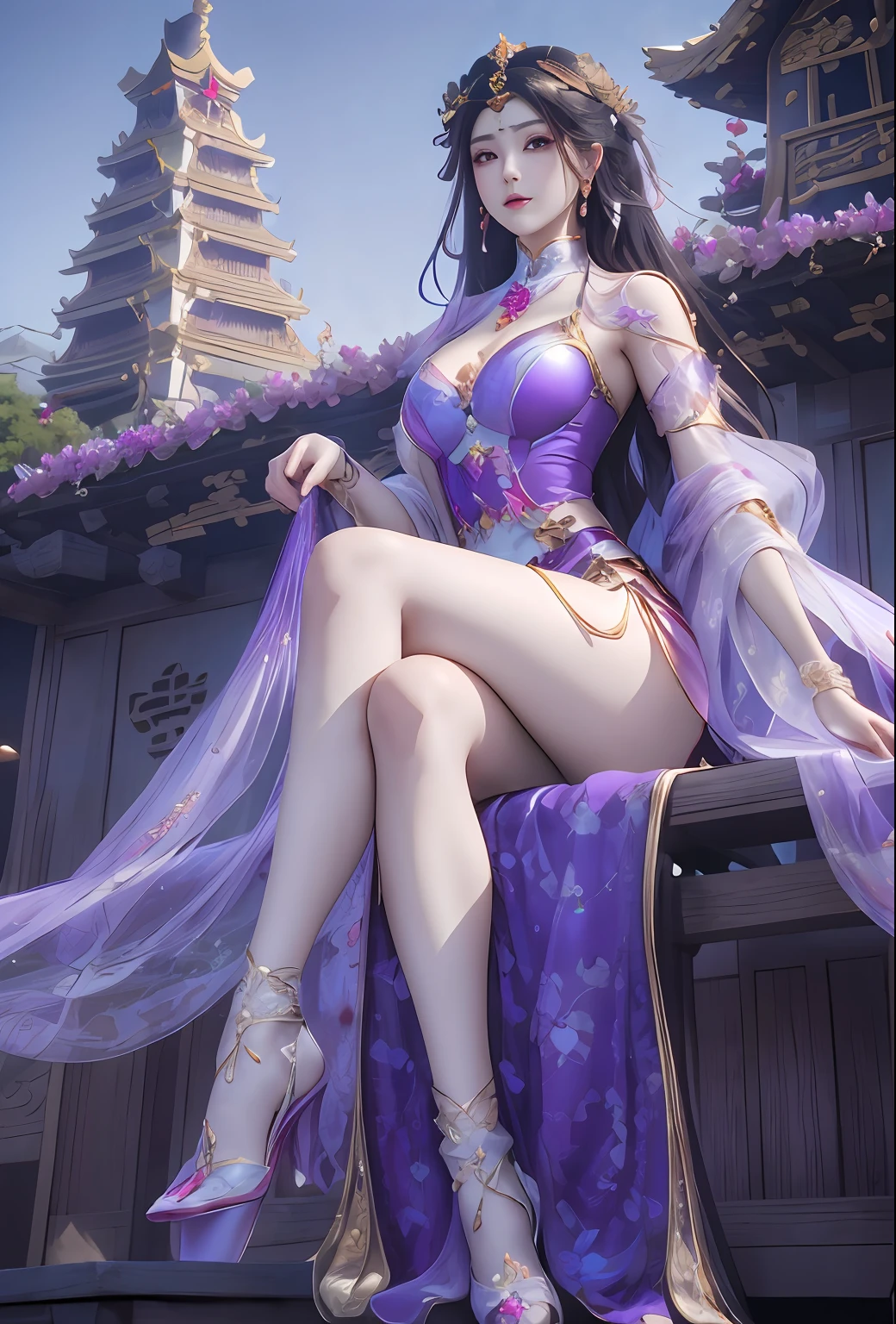 穿著紫色裙子的阿拉德女人坐在長凳上, 非常詳細的artgerm, 美麗又誘人的動漫女人, 美麗的幻想皇后, 全身仙俠, 宮 ， 一個穿著漢服的女孩, 誘人的動漫女孩, 动漫女神, cgstation 上的熱門話題, 风格艺术杰姆, ((美麗的幻想皇后))