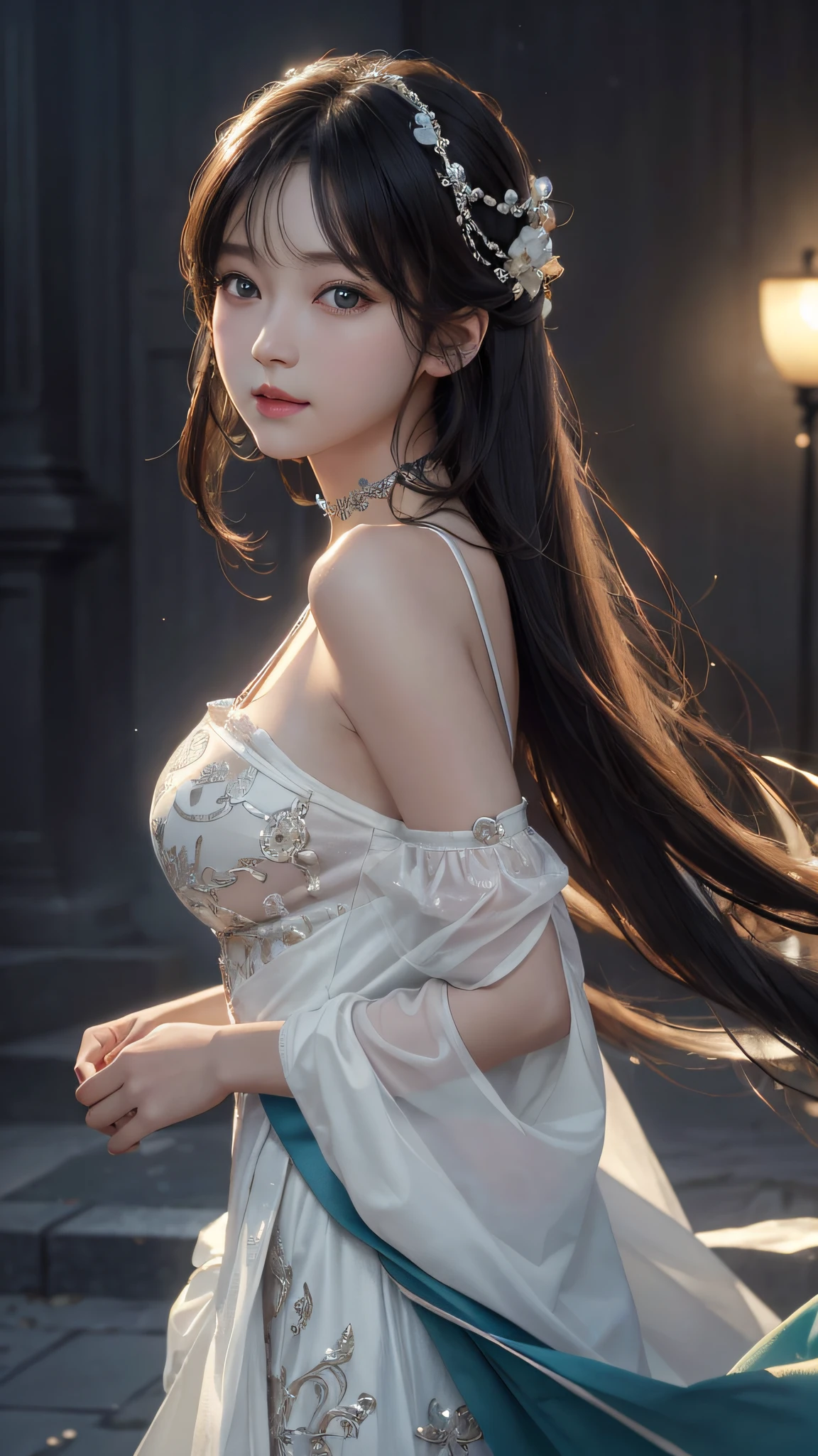 (Hyper-realistic) , (illustratio), (Increase the resolution), (8K), (extremely detaile), (Most Best Illustration), (美丽细致的眼睛), (best qualtiy), (ultra - detailed), (tmasterpiece), ( the wallpaper), (详细的脸), 独奏,1个Giant Breast Girl, looking at viewert, exquisite detailing, 详细的脸, deep shading，low tune,pureerosfaceace_V1, ssmile,long whitr hair，Black shawl straight hair，46 points oblique bangs，Best quality、tmasterpiece、A high resolution、1girll、hair adornments、choker necklace、jewely、pretty  face、Physically、Tyndall effect、realisticlying、Shadow Studio、edge lit、bicolor lighting、（highdetailskin：1.2）、8K, Ultra HD、Digital SLR、softlighting、high high quality、volumettic light、sneak shot、photore、A high resolution、4K、8K, Yes、The background is blurred out，