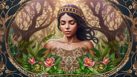 [Close-up bonito da menina caucasiana, Beautiful goddess fused with forest and trees, cabelo preto fundido com platina e ouro, G...