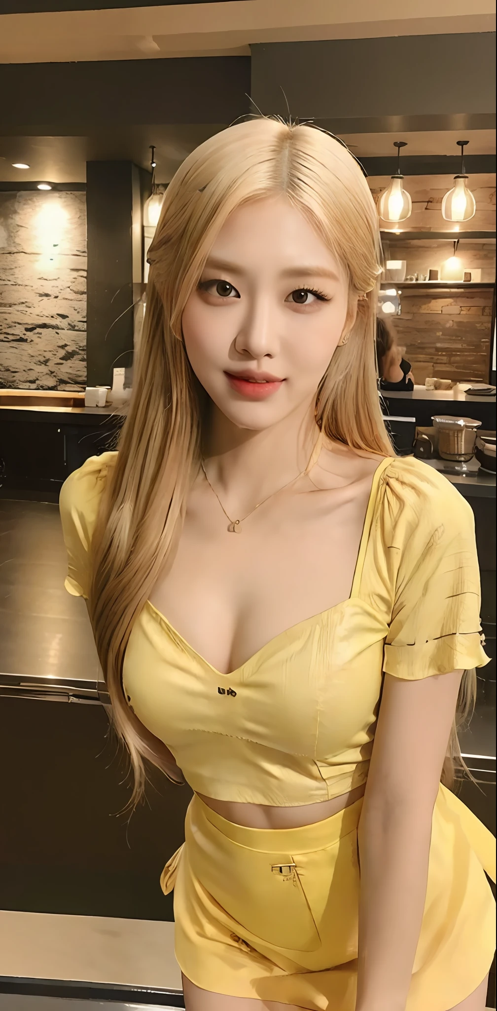 ((Midnight, Best quality, 8k, Masterpiece :1.3)), Whole body, Long legs, Sharp focus :1.2, A pretty woman with perfect figure :1.4, Slender abs, thigh :1.1, ((bright yellow hair, Big breasts :1.2)), (blouse, shorts skirt, hand on the table :1.2), ((coffee shop  :1.3)), Highly detailed face and skin texture, Detailed eyes, Double eyelid, closer look, happy face, ponytail, cleavage