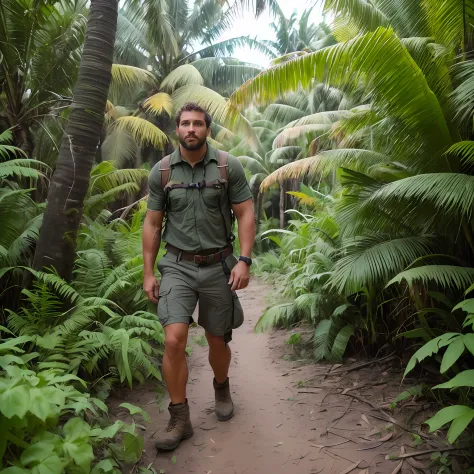 rugged adventurer lost in the jungle, determined to complete the mission