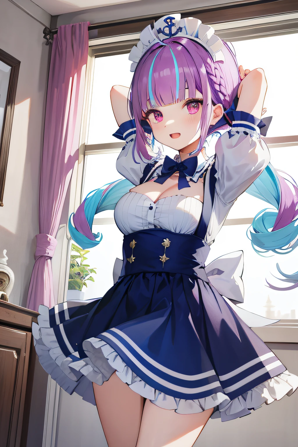 ​masterpiece、top-quality、女の子1人、Virtual Youtuber、Minato Aqua、long、multi color hair、doress、Twin-tailed、Maid headdress、Color Inner Hair、Purple Eye、Anchor Symbol、blue hairs、bow ribbon、Two-tone hair、shortsleeves、Braids、Blue Dress、Wrist cuffs、bow ribbon、bangss、Drill Hair、twin drills、Puffy Short Sleeves、Hair Ribbon、Purple hair、Puffy Sleeve、Ahoge、Ankle Cuffs、Dress Ribbon、Maids、frilld、manicure、striated hair、white bow、Cowboy Shots,Smile,Opening Mouth,a room,arms folded,cleavage