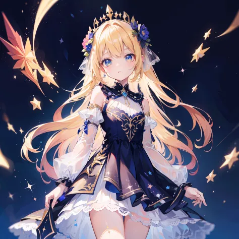 （Best quality at best，tmasterpiece），1girll，galaxias，glitters，shift dresses，Particle，ventania，florals，The upper part of the body，Dark simple background，looking at viewert，blond hairbl，(Playful and cute:1.414)