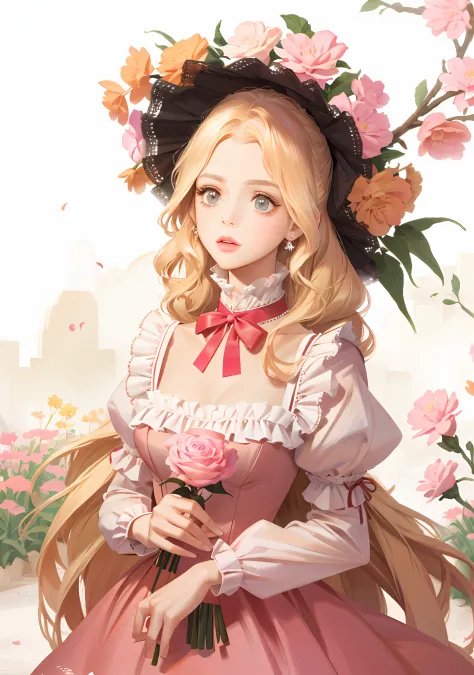 Lolita, pink dress flowers, blond hair, perfect figure, delicate facial features