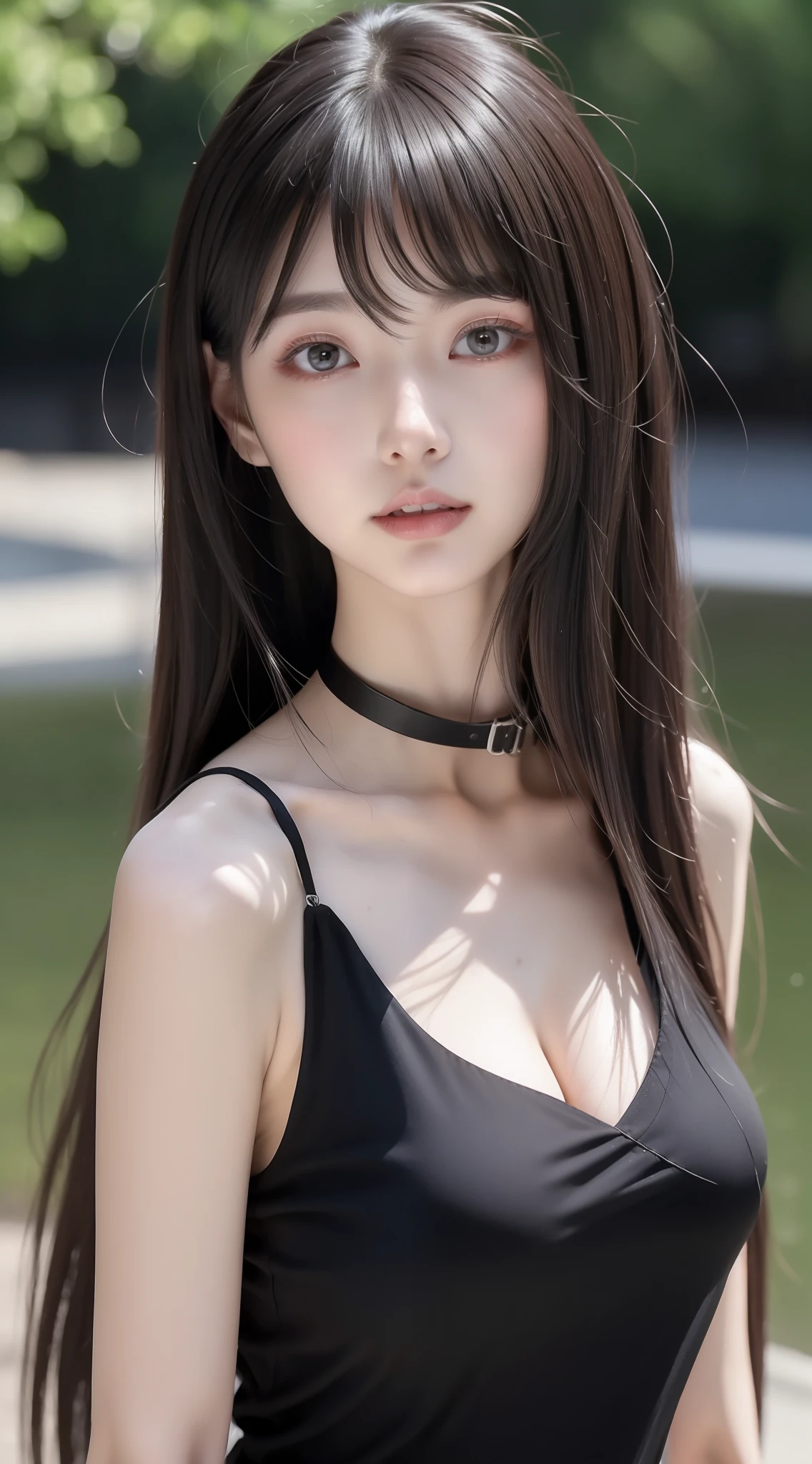 perfect figure beautiful woman：1.4，Layered Hair Style，Protruding cleavage，Black two-dimensional clothing：1.5，Highly Detailed Face and Skin Textur，二重まぶた，Whiten the skin，long whitr hair，playing water，Collar