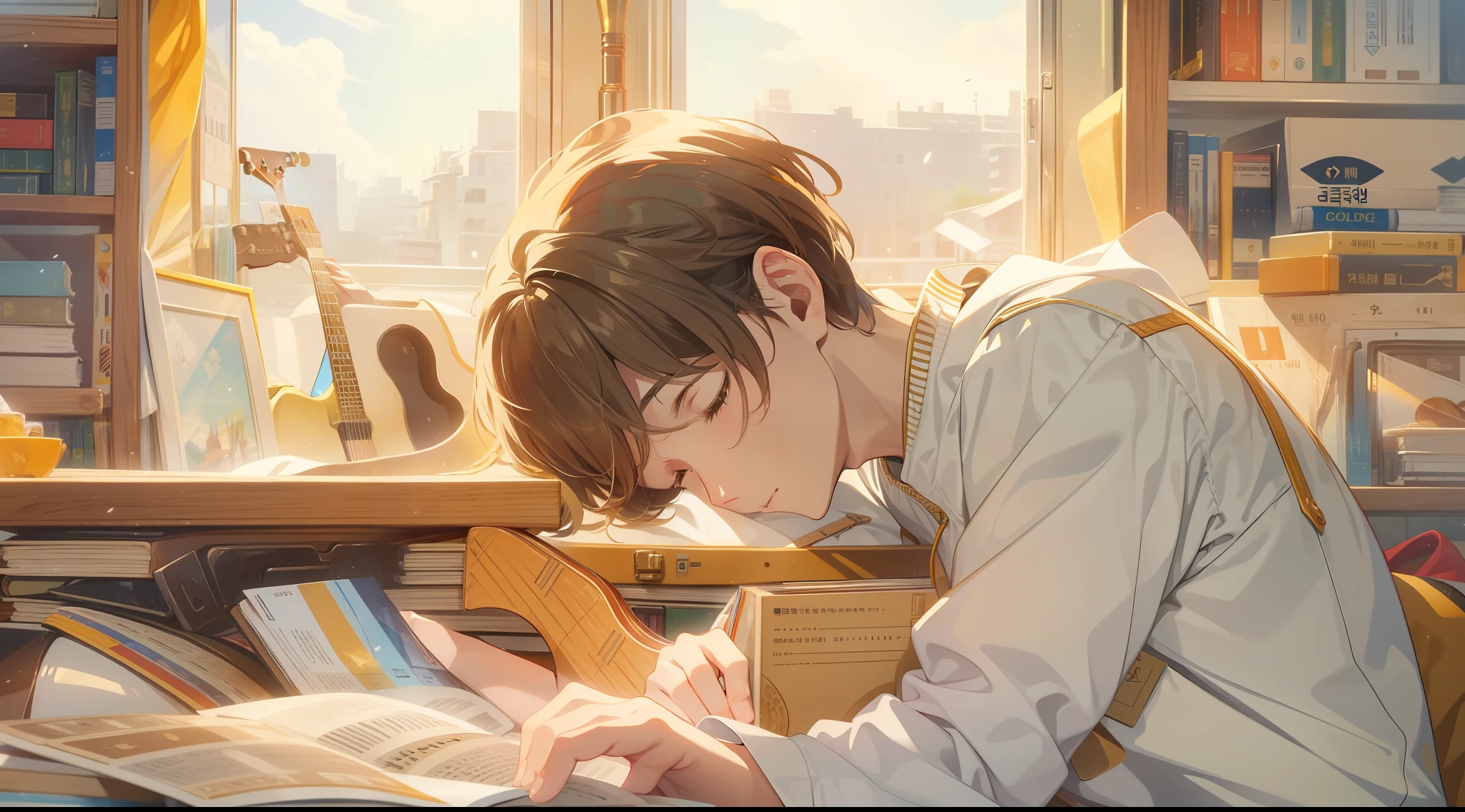 A young male artist with short brown hair sleeping, study , golden light, guitars, musical instruments, white cat, different eye color, bookshelves high to the roof, soft dream scene, light brown and yellow, bright palette, wide bright yellow, animated artistic style, OShare Kei, accurate painting, Traincore, Korea Wave, in the style of light-filled compositions, precision painting, Traincore, Korean wave, long lens