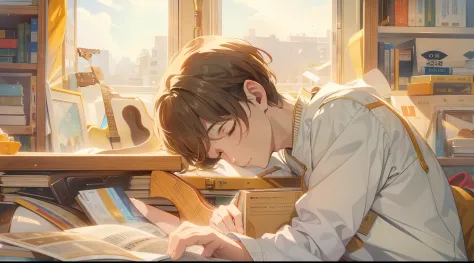 A young male artist with short brown hair sleeping, study , golden light, guitars, musical instruments, white cat, different eye...