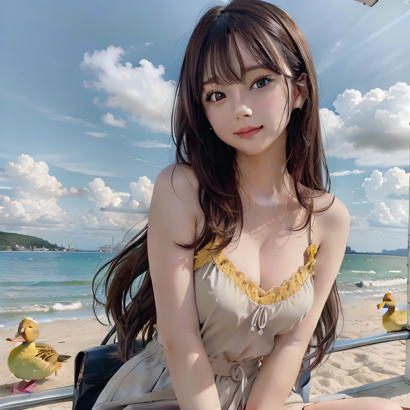 best quality, ultra high resolution, (photorealistic: 1.4), (detailed beautiful girl: 1.4), (medium breasts: 0.8), olhando_no_visualizador, detailed facial details, beautiful and detailed eyes, (brown hair), brown eyes, smile (makeup: 0.4), red lips, (full body, sitting, beach, high waves, ), very detailed clothes, (ulzzang-6500-v1. 1:0.3) \, yellow ducks, strong wind,