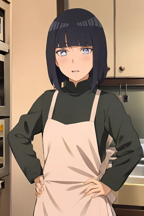 anime character in kitchen with apron and oven in background, hinata hyuga, hinata hyuga from naruto, anime moe artstyle, offici...