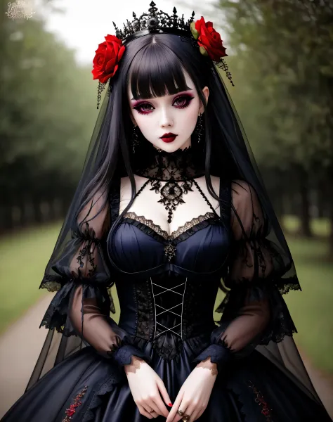 Masterpiece, absurdres,HDR ,highly detailed eyes and face,GothGal, a woman dressed in gothic ballgown holding,runny makeup, see ...