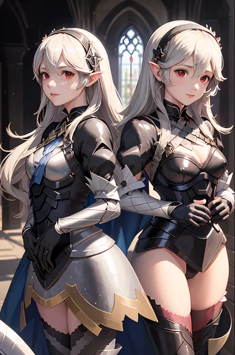 masterpiece, best quality, defCorrin, black hairband, armored dress, blue cape, puffy sleeves, juliet sleeves, vambraces, black gloves, armored legwear, upper body, looking at viewer, castle, gothic architecture, smile, sky, clouds, hands to heart, 3girls,...