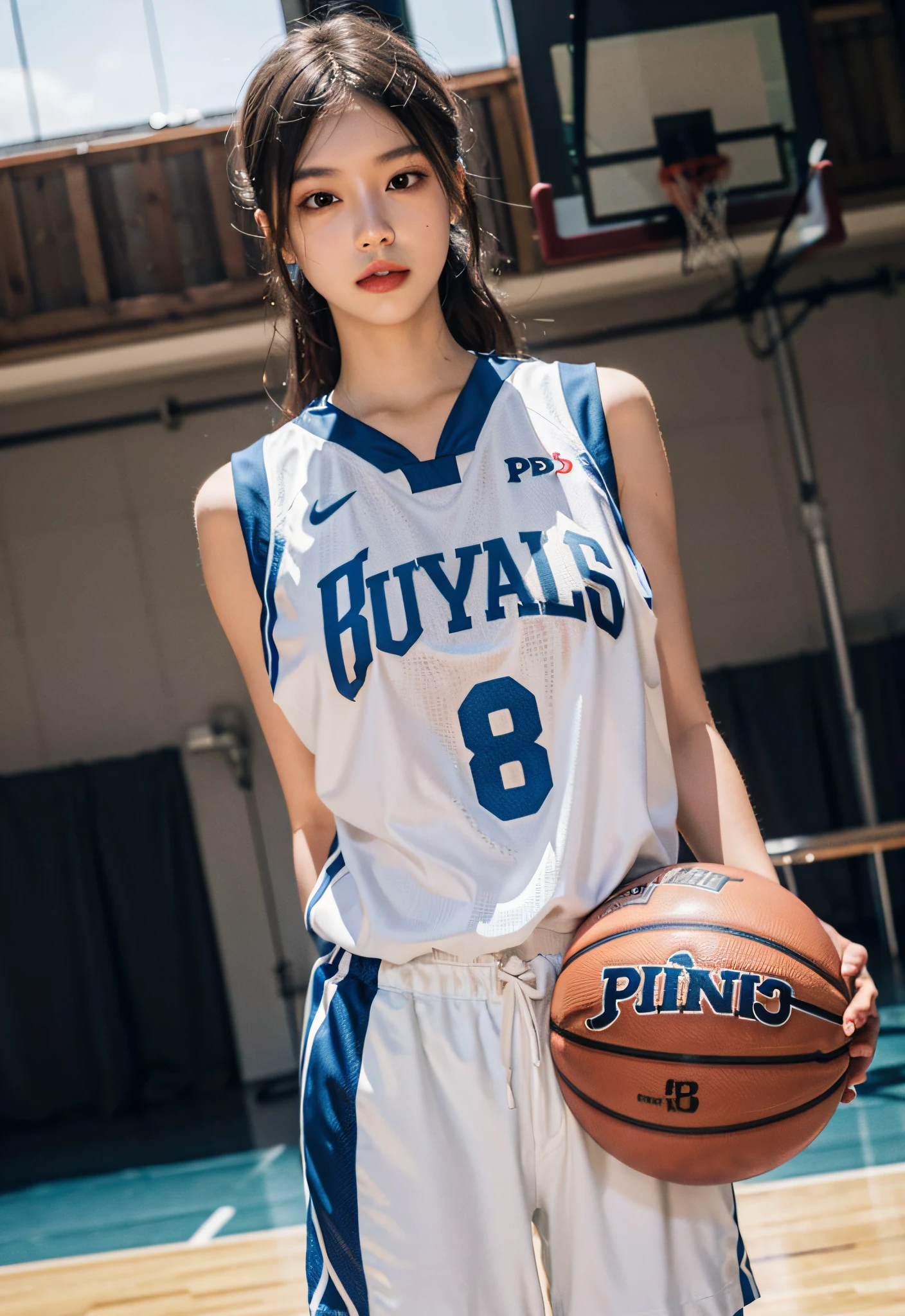 （8K， RAW photos， best qualtiy， tmasterpiece：1.2），A high resolution，1girll，real looking skin，Dynamic light and shadow,Sharp focus,depth of fields,The eyes are delicate,pupil realistic, Playful expression， wear basketball uniform，perfect bodies，Bigchest，at  basketball court，realisticlying, ultra - detailed, (shiny skins, perspired:1.4), looking at viewert,