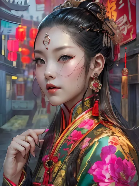 highestquali，tmasterpiece：1.2，detailed details，4k，beautiful woman in traditional chinese costume displayed on the wall in street...