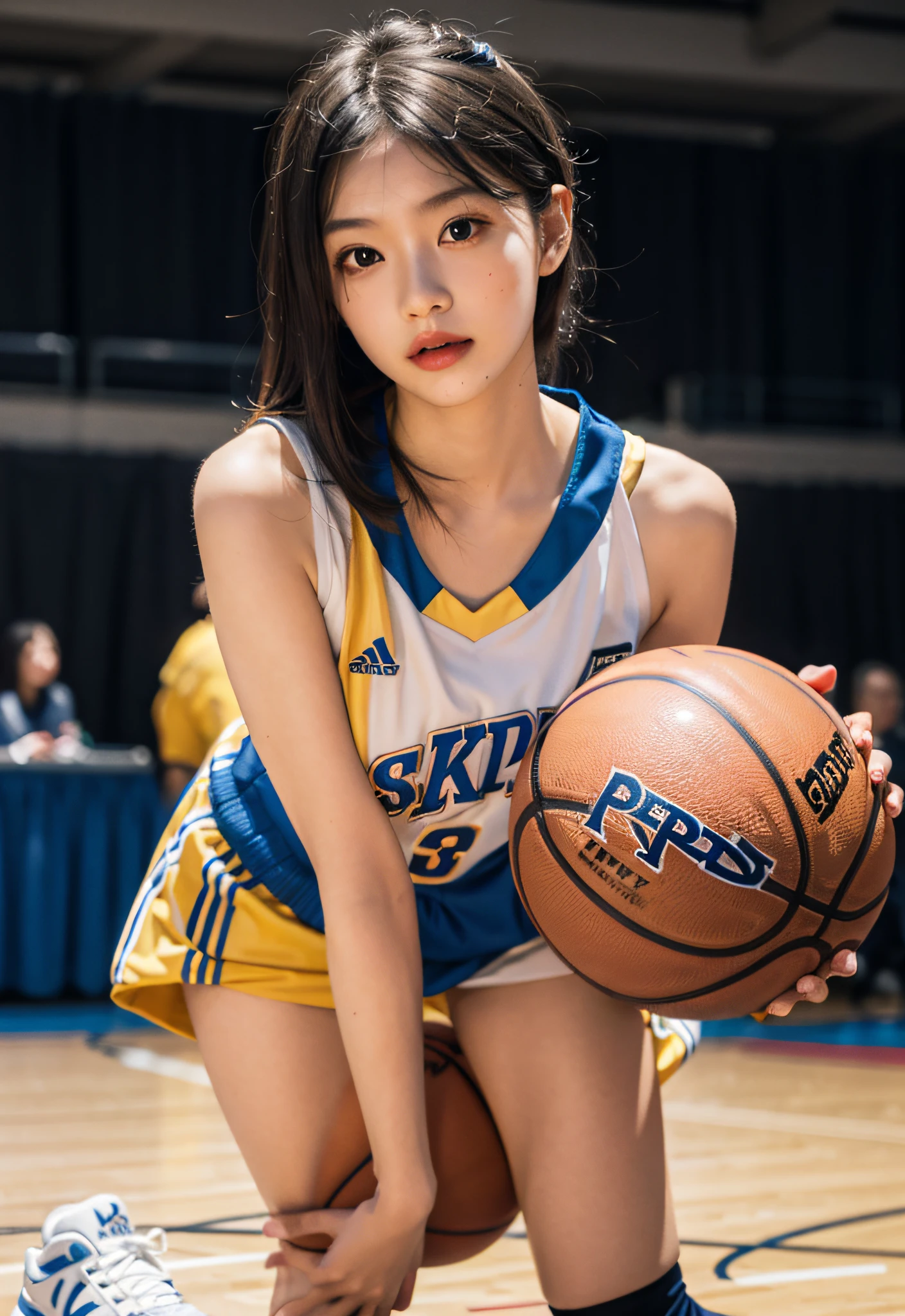 （8K， RAW photos， best qualtiy， tmasterpiece：1.2），A high resolution，1girll，real looking skin，Dynamic light and shadow,Sharp focus,depth of fields,The eyes are delicate,pupil realistic, Playful expression， wear basketball uniform，perfect bodies，Bigchest，at  basketball court，realisticlying, ultra - detailed, (shiny skins, perspired:1.4), looking at viewert,