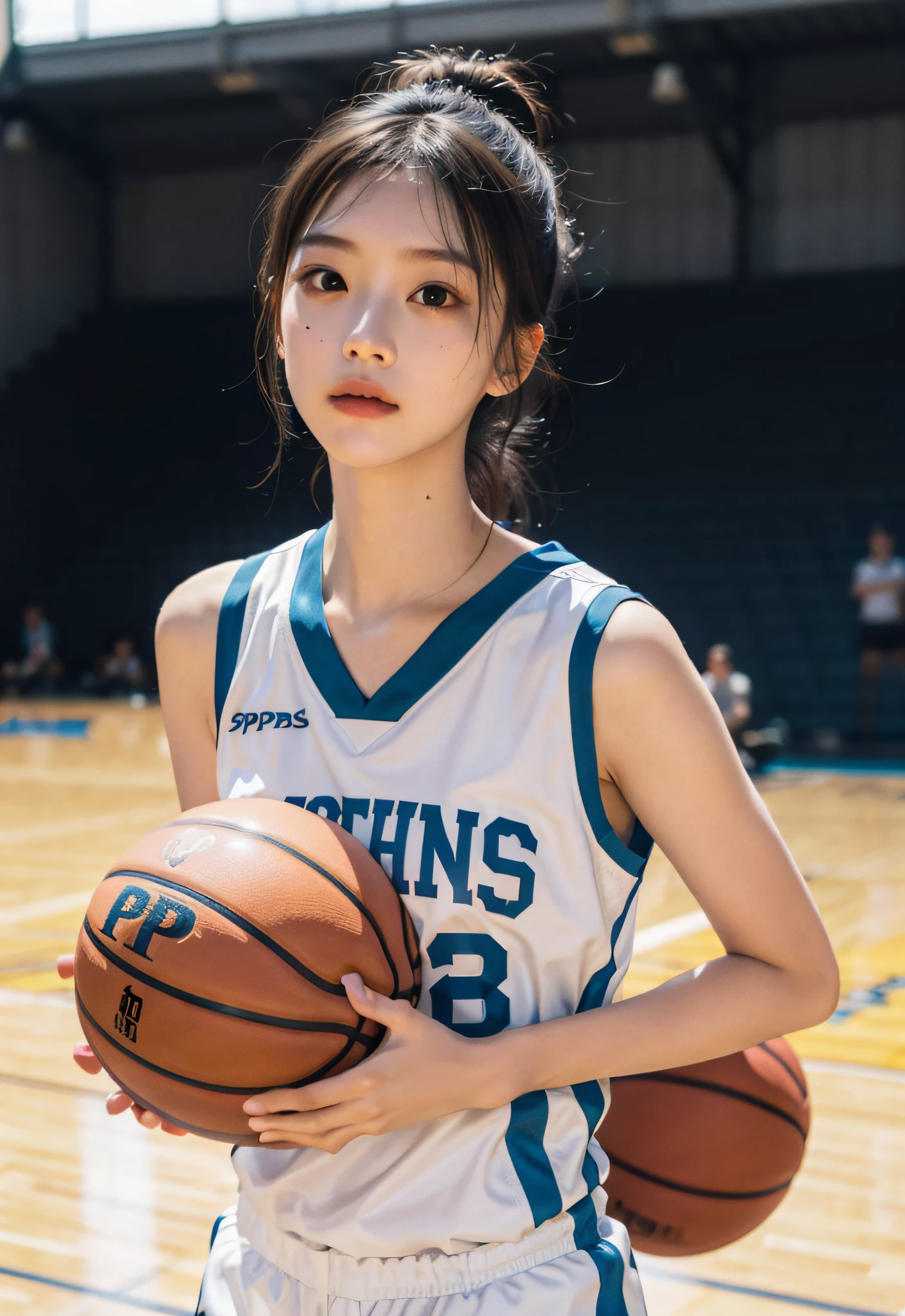 （8K， RAW photos， best qualtiy， tmasterpiece：1.2），A high resolution，1girll，real looking skin，Dynamic light and shadow,Sharp focus,depth of fields,The eyes are delicate,pupil realistic, Playful expression， wear basketball uniform，perfect bodies，Bigchest，at  basketball court，realisticlying, ultra - detailed, (shiny skins, perspired:1.4), looking at viewert,